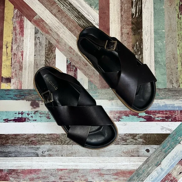 ALOHAS Marshmallow Black Leather Crossover Slingback Sandals - Picture 3 of 9